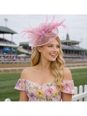 Kentucky Derby Hat KY Oaks Fascinator Elegant Pink Feather Statement Headwear